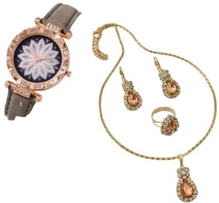 ZAVIFY 5 PCS Set Luxury Watch Women Ring Necklace Earring Rhinestone Fashion Wristwatch Casual Ladies Watches Set Clock (GRAY)