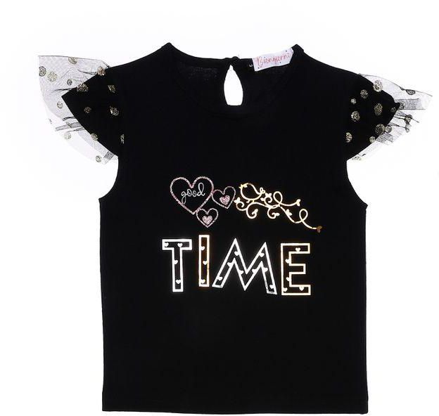 "Good Time" Printed Short Tulle Sleeves Girl Blouse - Black & Gold