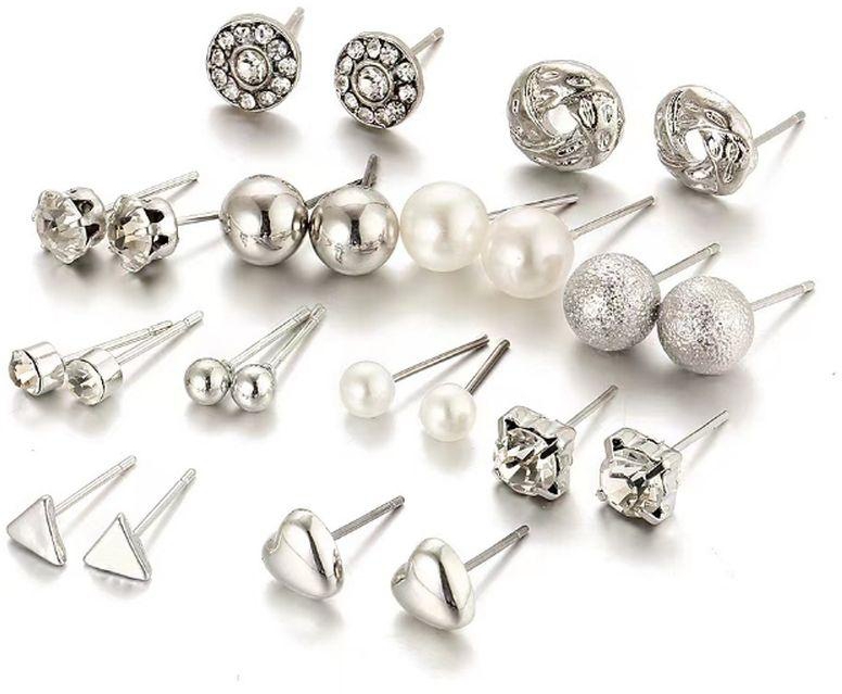 Fashion Earrings Set 12 Pairs Zircon Crystal Heart Triangle Earrings Jewelry-Silver