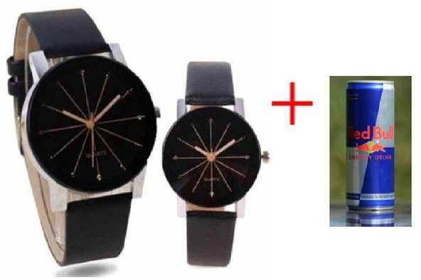 Fashion Couple Quartz Dial Clock Leather Wrist Watch Blackfree+ 1 PCs Red-bull Drink