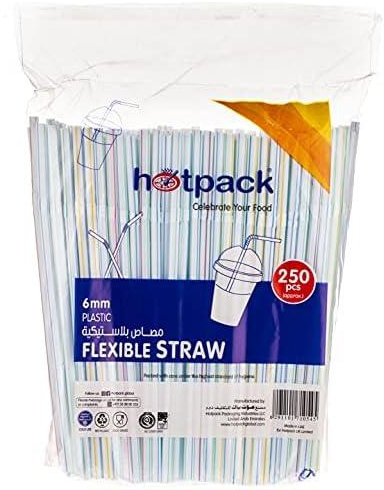 Hotpack Extra Long Disposable Flexible Plastic Drinking Straws, 6mm, 250 Pcs