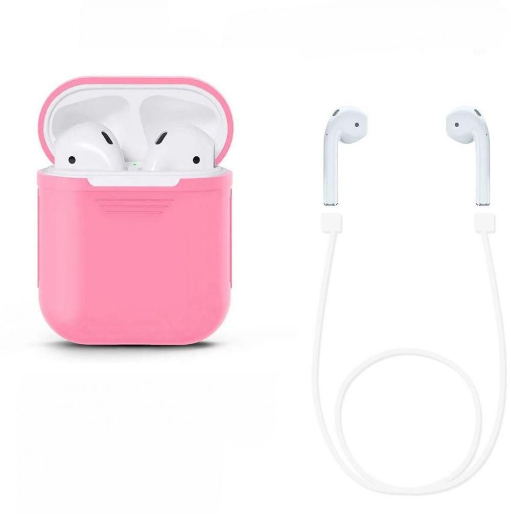 Protective AirPods Case Soft Silicone Charging Cover Pouch Case Sleeve with Cable - Pink