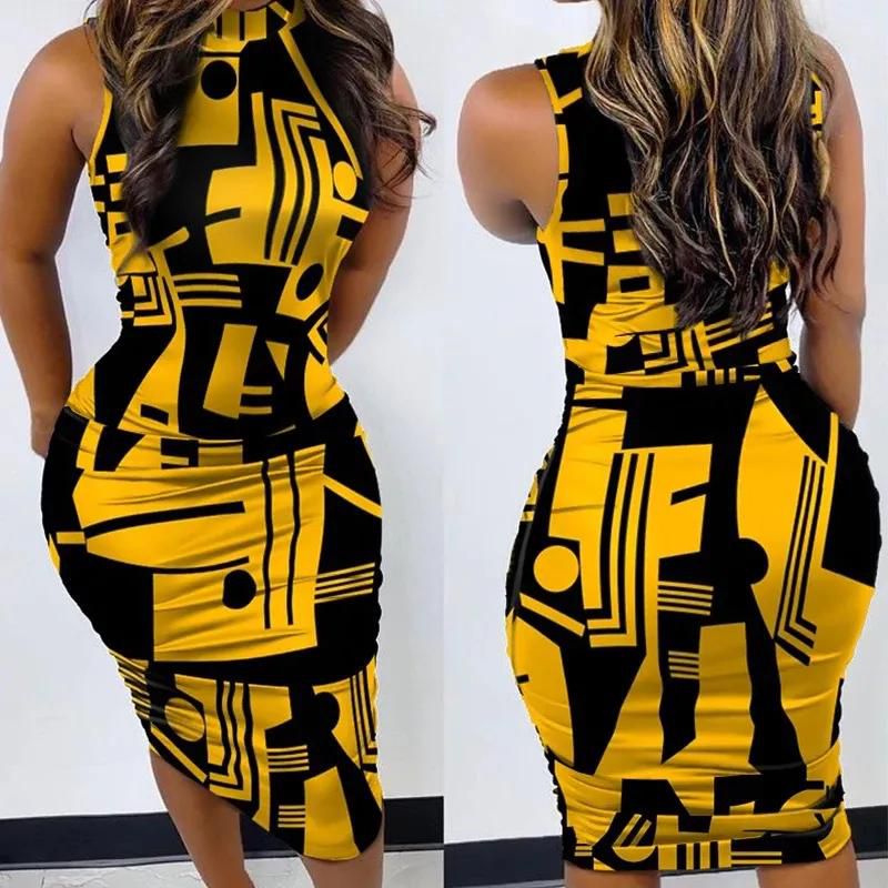 Harajuku Yellow Geometry Print Sleeveless Ruched Bodycon Dress Women Summer Clothes Contrast Color Y2k Vintage Party Dress Lady