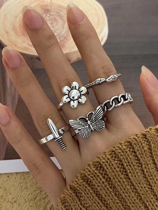 5Pcs Flower Butterfly Joint Finger Rings Set