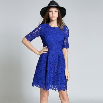 Women Spring Dress Hollow Half Sleeves Knee Length Elegant Party Lace Dress Blue Size S-2XL blue s