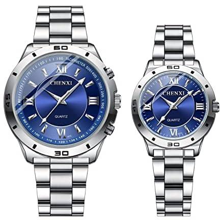JewelryWe Couple Watches Silver Plated Stainless Steel Analog Quartz Wristwatch His and Her Matching Watches Set, for Anniversary, Wedding, Valentine's Day