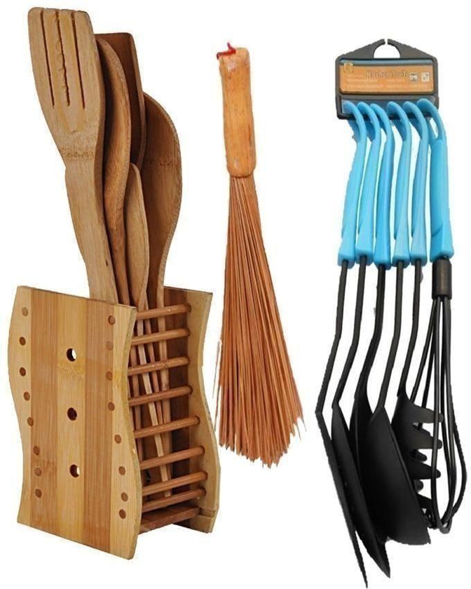 6 Pcs Of Kitchen Wooden Spoons + 6 Set Of Non-stick Spoons + Ewedu Broom
