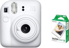 FujiFilm Instax Mini 12 Instant Camera, 60mm - Clay White, with Instax Mini Film Sheets - 10 Packs
