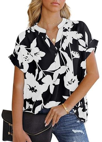 Womens Summer Short Sleeve V-Neck Shirts Henley Tunic Tops Button Up T-Shirts Casual Floral Printed Chiffon Blouses Tops