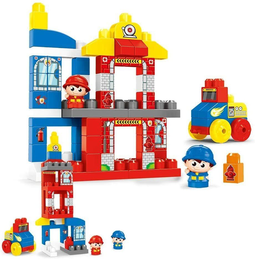 Building toys for boys building blocks fire station with two firefighters and fire truck STEM toys for 3 Year Old (67 pcs)