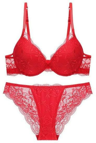 Solid Color Thick Cup Lace Bra And Panty Set Red