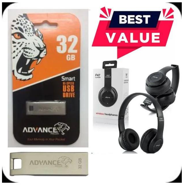 OFFER OFFER Advance USB Flash Disk Smart 32GB - Silver+ P47 Wireless Headphones