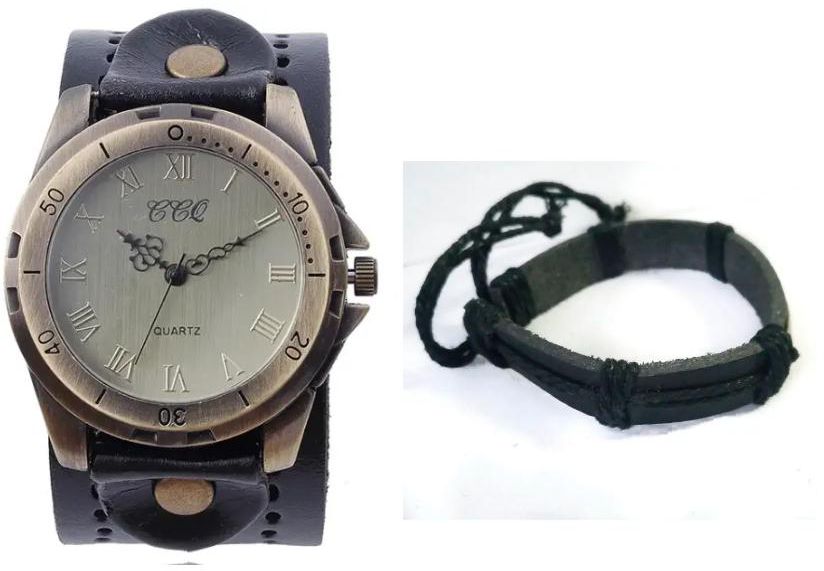 Mens Black Leather Vintage Watch With Bracelet Combo