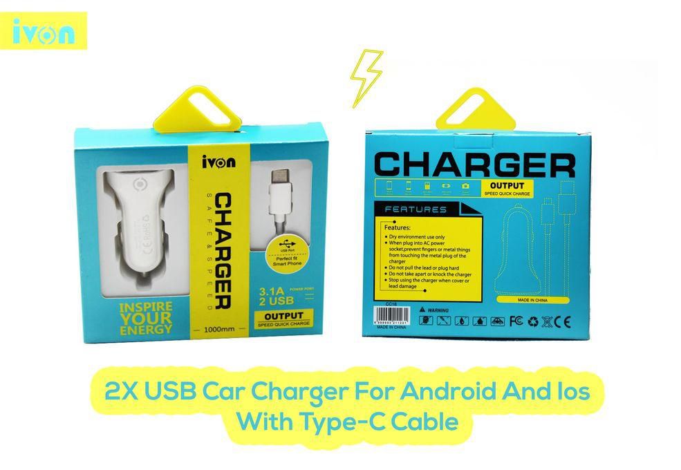 Ivon CC18 3.1A 2X USB Car Charger For Android And Ios + With Type-C Cable - 1000 Mm