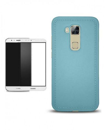 Speeed Leather Back Cover for Huawei G8 - Blue + Full Curve Glass Screen Protector - White