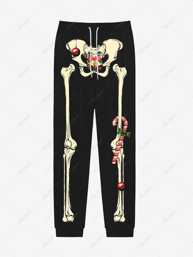 Gothic 3D Skeleton Christmas Ball Bell Candy Print Pocket Drawstring Sweatpants For Men - 3xl