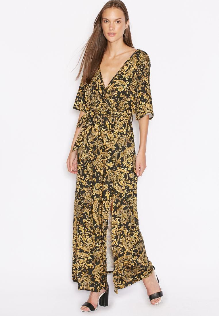 Printed Kimono Slit Maxi Dress