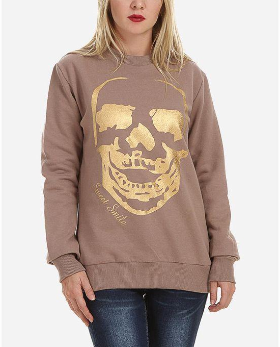 Be Positive Skull Printed Sweatshirt - Coffee & Gold