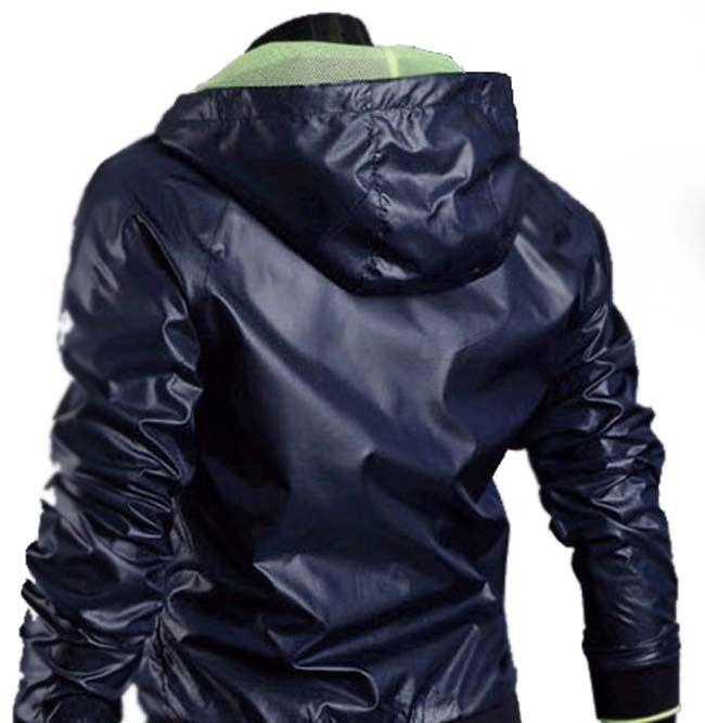 Fast Drying  Zipper Hooded Men Slim Jacket- Blue, Large