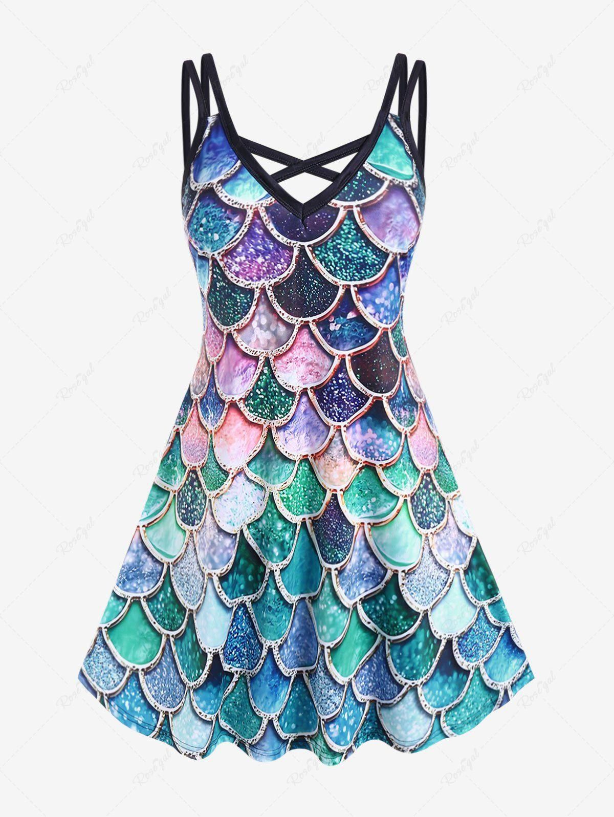 Plus Size Crisscross Mermaid Print A Line Dress - M | Us 10