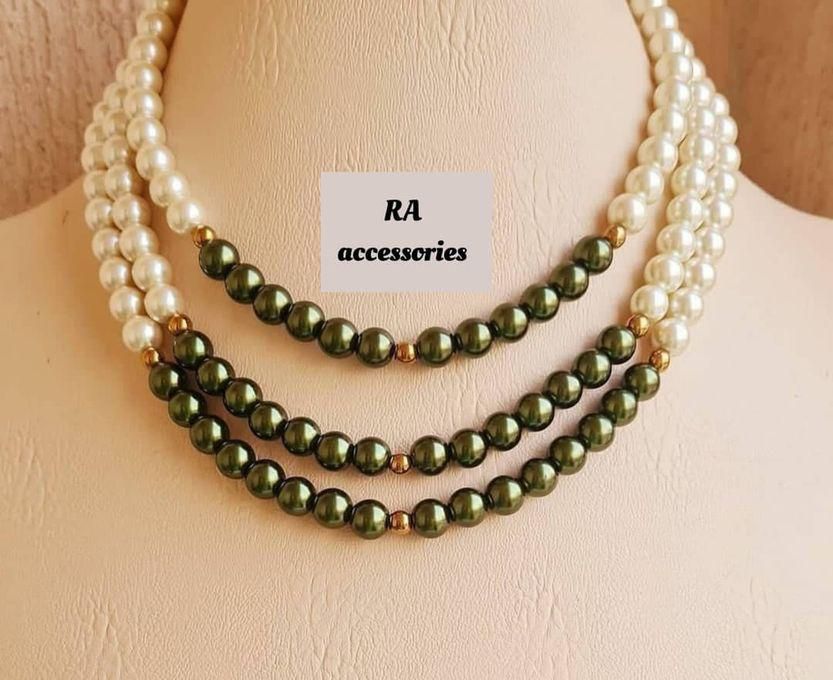 RA accessories Handmade Women Necklace Pearls Off White, Green, Golden