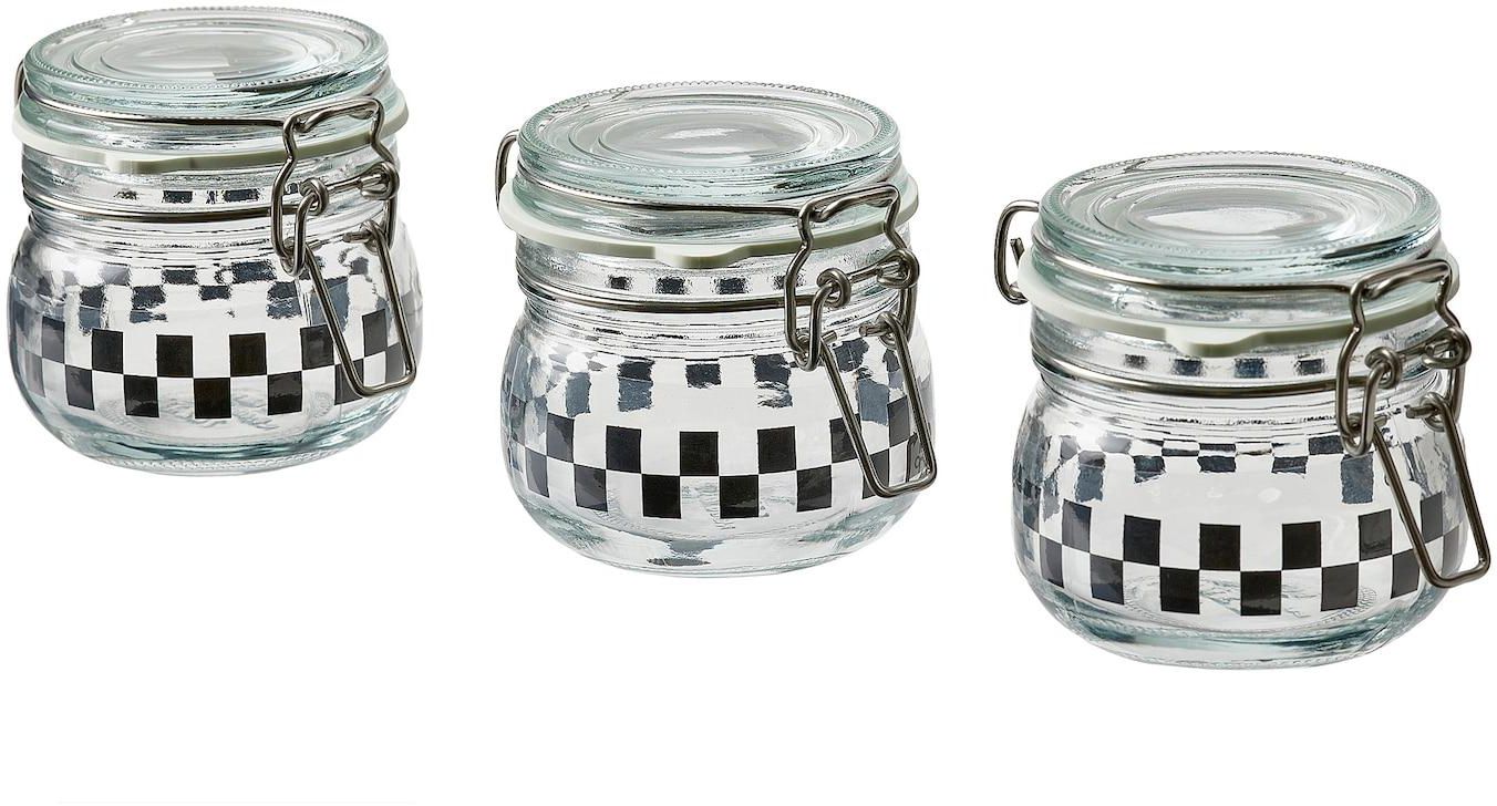 KORKEN Jar with lid - clear glass/check pattern black 13 cl