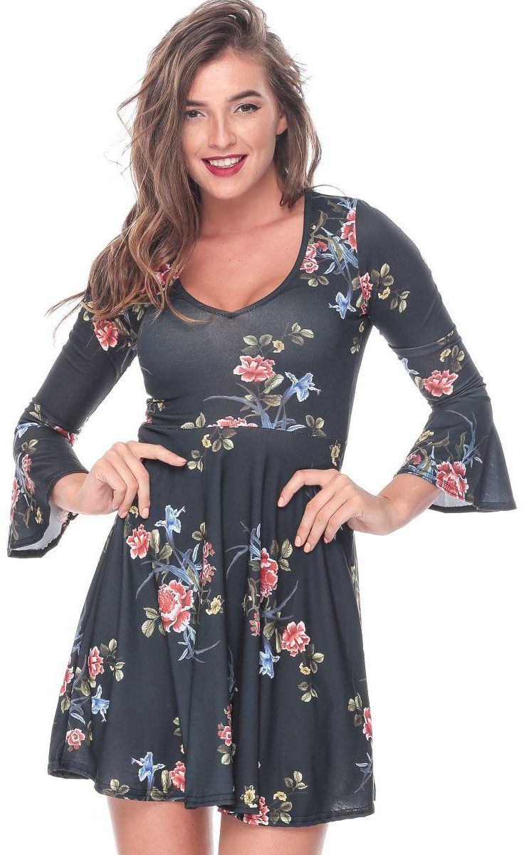 Boohoo DZZ89617 Marie Floral Fluted Sleeve Smock Dress for Women - Black, 10 UK