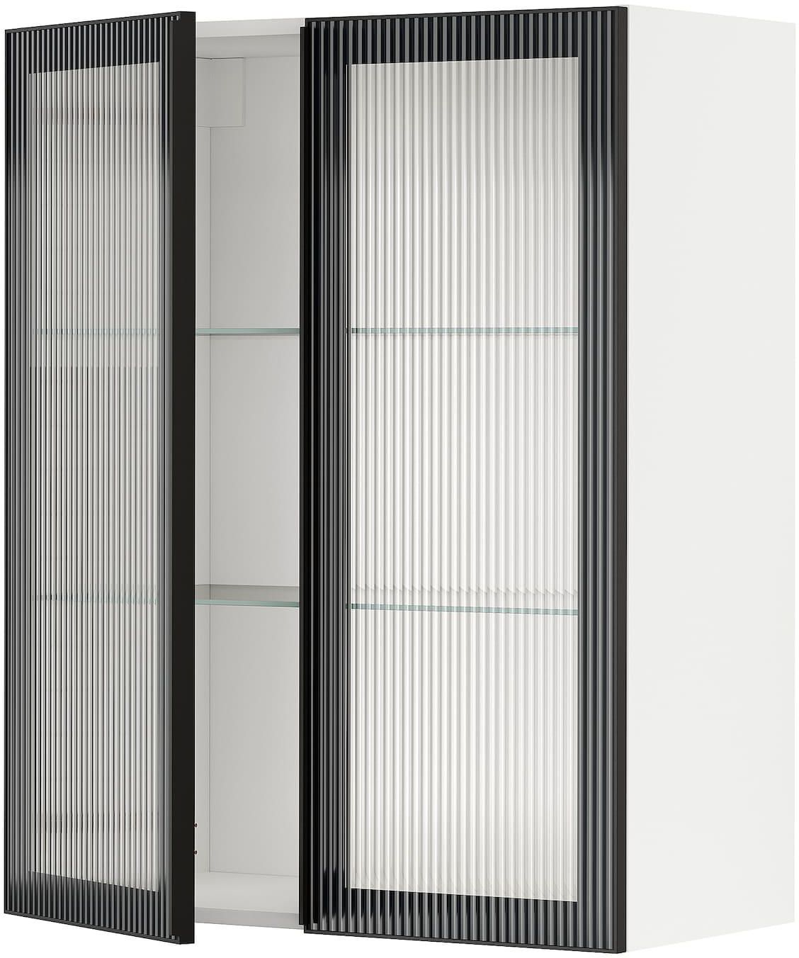 METOD Wall cabinet w shelves/2 glass drs - white/Hejsta anthracite reeded glass 80x100 cm