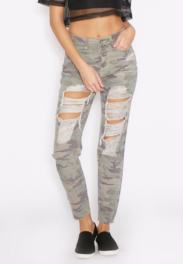 Camo Print High Rise Ripped Jeans