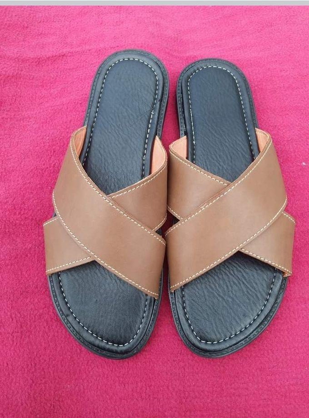 Men’s Stylish Leather Cross Slippers - Brown