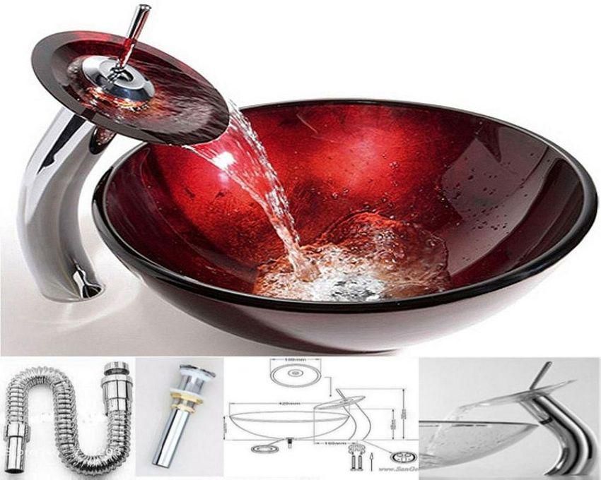 San George Design Glass Wash Basin With Waterfall Mixer + A Pop Up And Drain CBWMC 7016