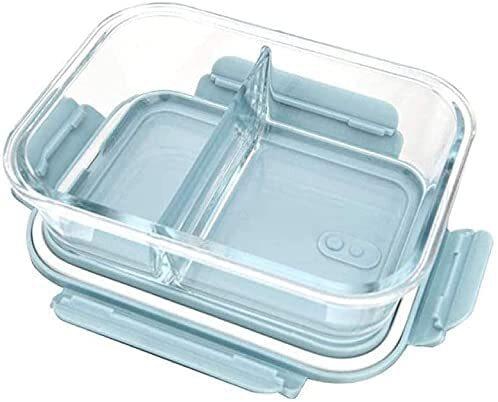 Aiwanto 2 Compartment Glass Lunch Box Glass Storage Box Refrigerator Microwave Lunch Box(Blue)