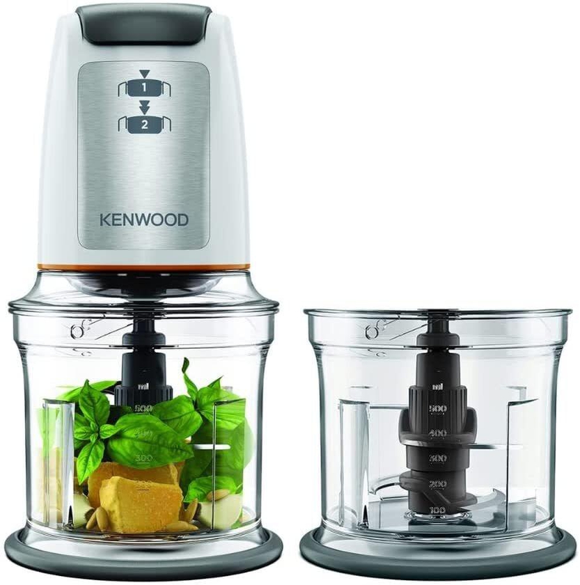 KENWOOD Chopper 500W Electric Food Chopper with 2 x 500ml Bowl, Dual Speed, Stainless Steel Quad Blade, Multi Mayo Mayonnaise Attachment, Spatula, Ice Crush Function CHP61.200WH White
