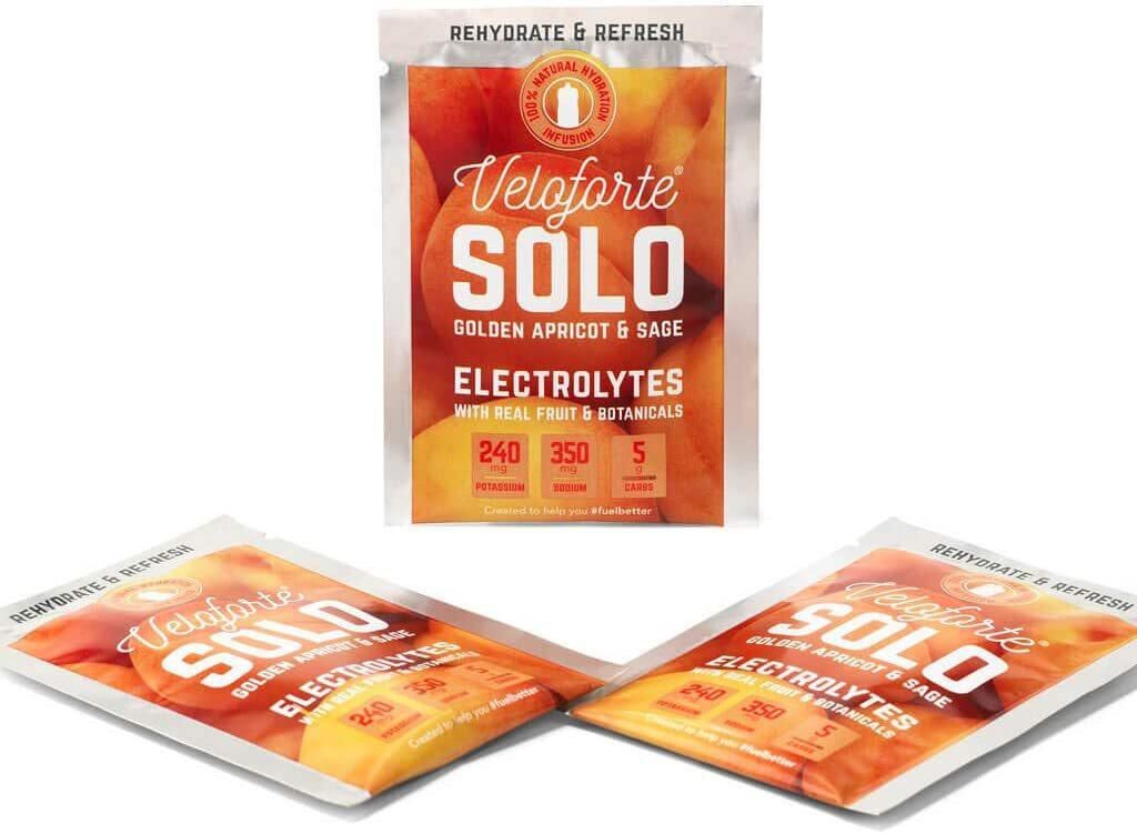 Veloforte Solo Electrolyte Hydration Powder - Golden Apricot &amp; Sage - 9 count x 7g - 5gr Carbs, 240mg Potassium, 350mg Sodium, Rehydrate, Pure Electrolytes, 100% Natural, Vegan, Gluten Free