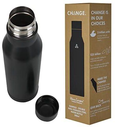Water bottle stainless steel | Vacuum insulated water bottle for hot water 500 mL, flask for hot water by Hans Larsen (Black)