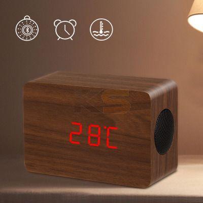 Mini Rectangle Wooden Speaker Wireless Bluetooth Digital LED Time Clock Temperature Hands-free Stereo Music Speaker Loudspeaker Subwoofer-Brown