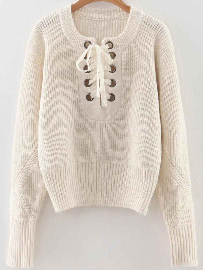 SheIn White Eyelet Lace Up Ribbed Trim Sweater