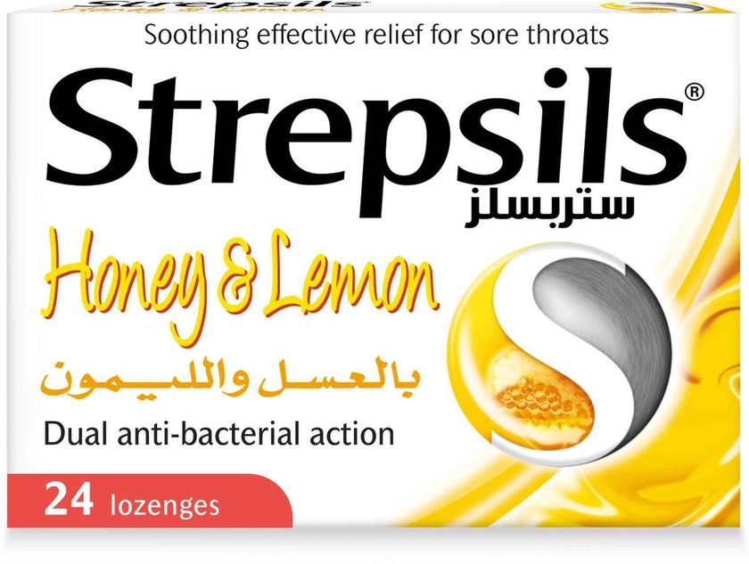 Strepsils Honey &amp; Lemon Dual Anti-Bacterial Action Fast Effective Relief from Sore Throats 24 Lozenges