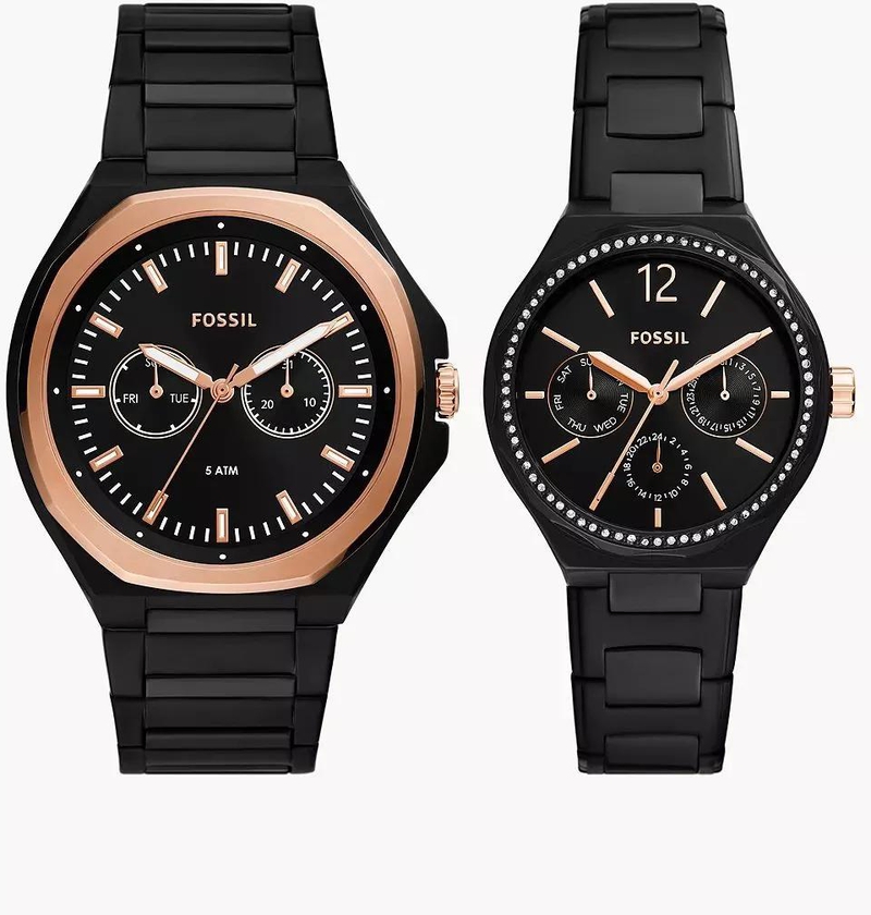 Fossil 2pcs EVANSTON His and Her Multifunction Black Stainless Steel Watch Set Wedding Gift Man and Woman Couple Jewelry