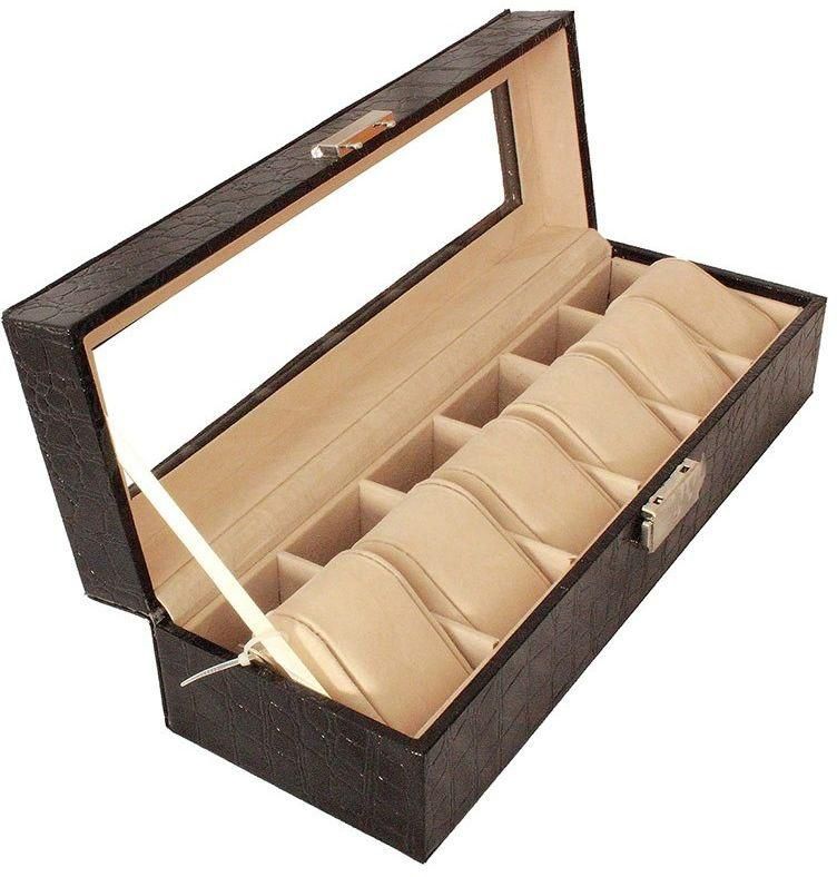 6 Piece Synthetic Leather Watch Organizer Case - Brown [3X6PWBBLK]
