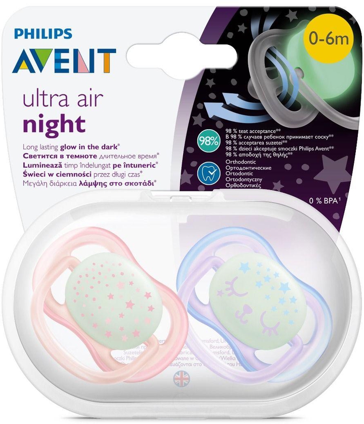 Philips Avent, Night Baby Pacifier, Ultra Air, 0-6 Months - 2 Pcs