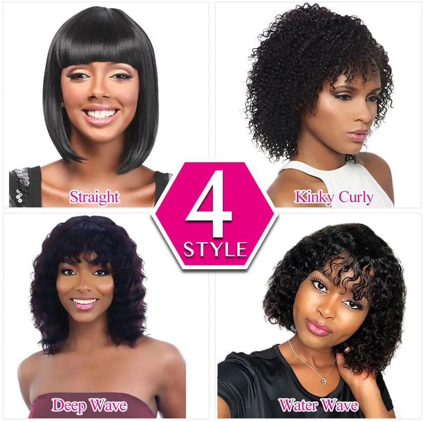 Short Bobo Wigs With Bangs 100% Brazilian Human Hair Wig 8''-14'' No-Lace Wig 4 Style In Stock
