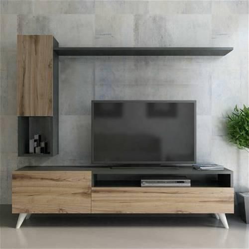 Modern TV Unit with wall shelf, Black & wood - TV29