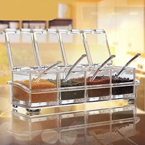Friederich Crystal Seasoning Acrylic Box Pepper Salt Spice Rack Plastic 4 Box with Spoons Kitchen See Through Storage Containers Cooking Tools Unbreakable Dining Table Kitchen Storage