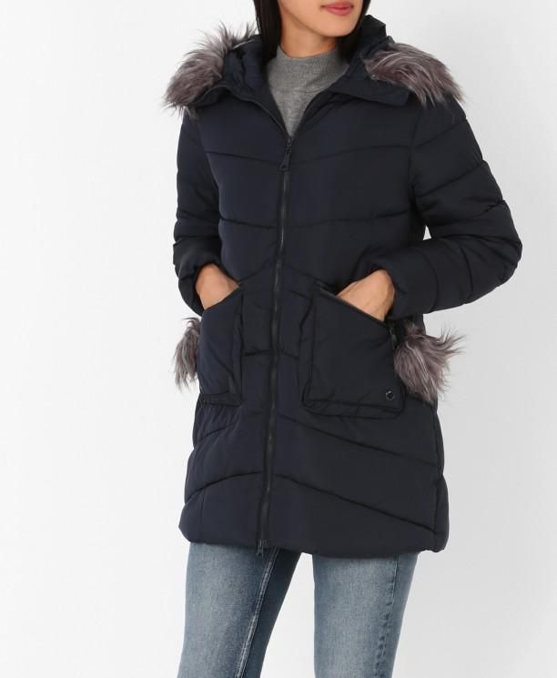Navy Faux Fur Hooded Longline Puffer Jacket
