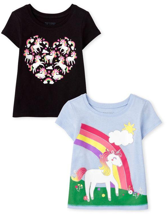 The Children's Place Girls Glitters All Over Rainbow Unicorn Heart Graphic Top- 2 In 1 Pack