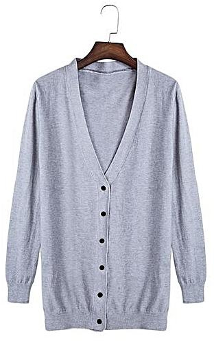 Generic HL Casual Plunging Neck Long Sleeve Button Slim Knit Cardigan For Women (Light Gray)