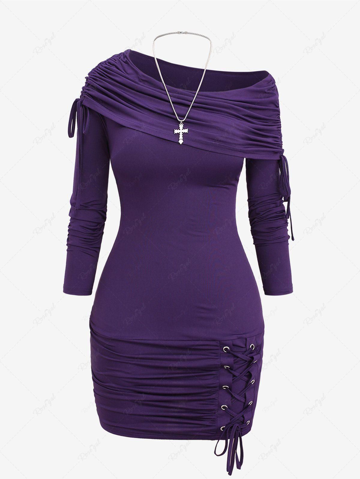 Plus Size Lace Up Cinched Ruched Skew Neck Dress and Cross Necklace Set - 4x | Us 26-28