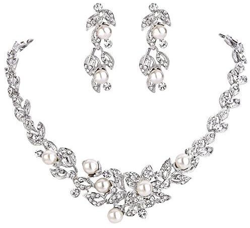 BriLove Women's Wedding Bridal Crystal Cream Simulated Pearl Cluster Leaf Vine Hibiscus Flower Collar Necklace Dangle Earrings Set