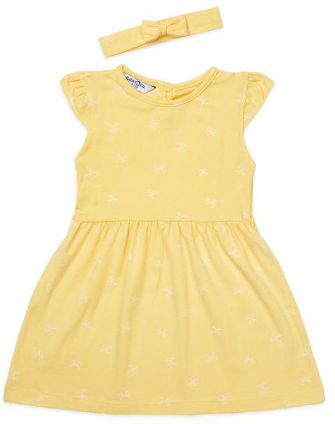 Baby Co. فستان اصفر فيونكة مطبوع مع طوق للرأس.